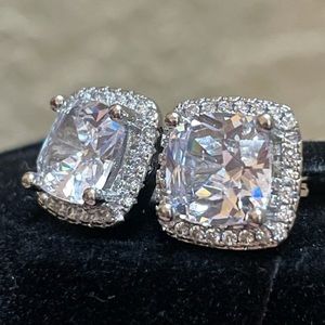 Women’s Jewelry Earrings White Cushion Cut‎ Diamond CZ Halo Stud Silver Plated